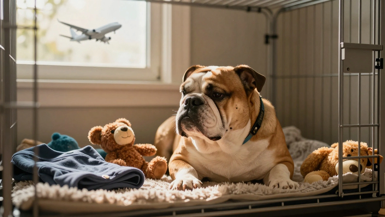 A Bulldog rests peacefully in a crate at home with calming aids and a favorite toy nearby.