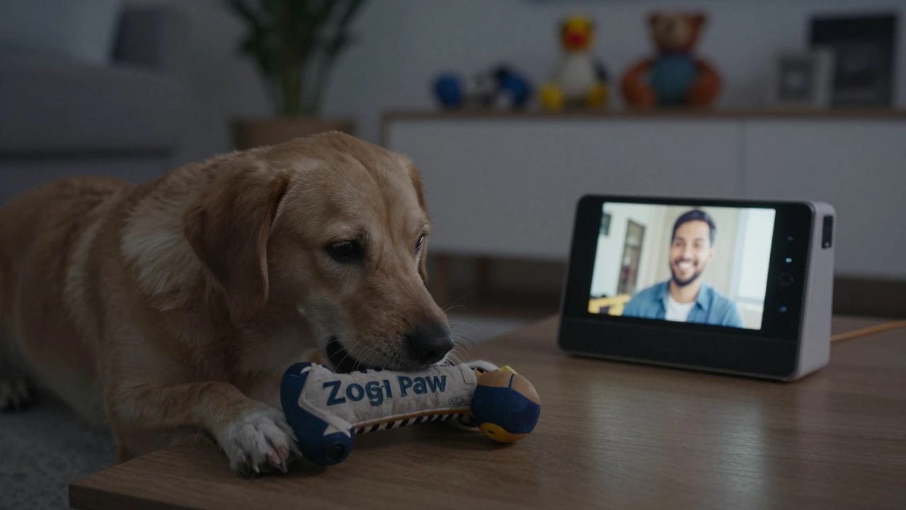 A dog chewing a safe toy while a pet camera shows an owner watching remotely from their phone.