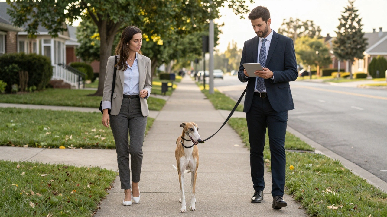 A dog walker gently walking a Greyhound during midday break on a quiet suburban street.