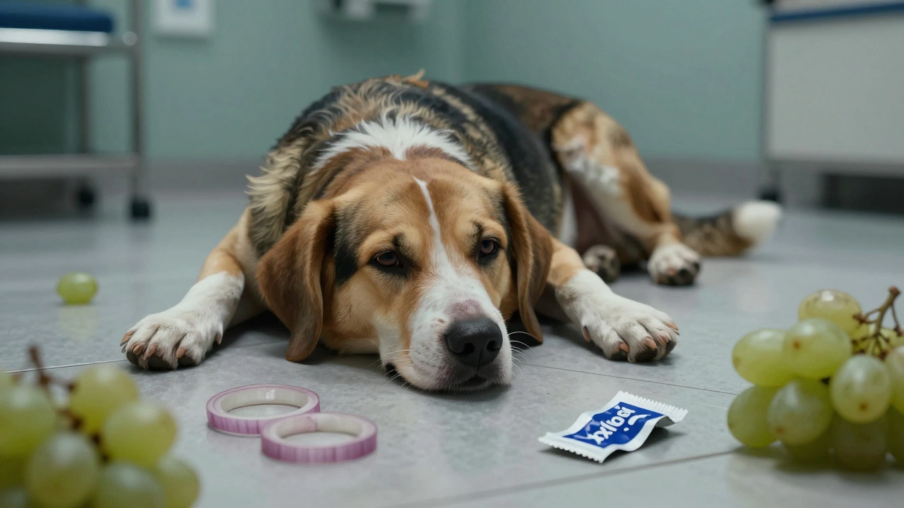 A lethargic dog on a vet clinic floor surrounded by toxic foods like onions, grapes, and gum wrappers.