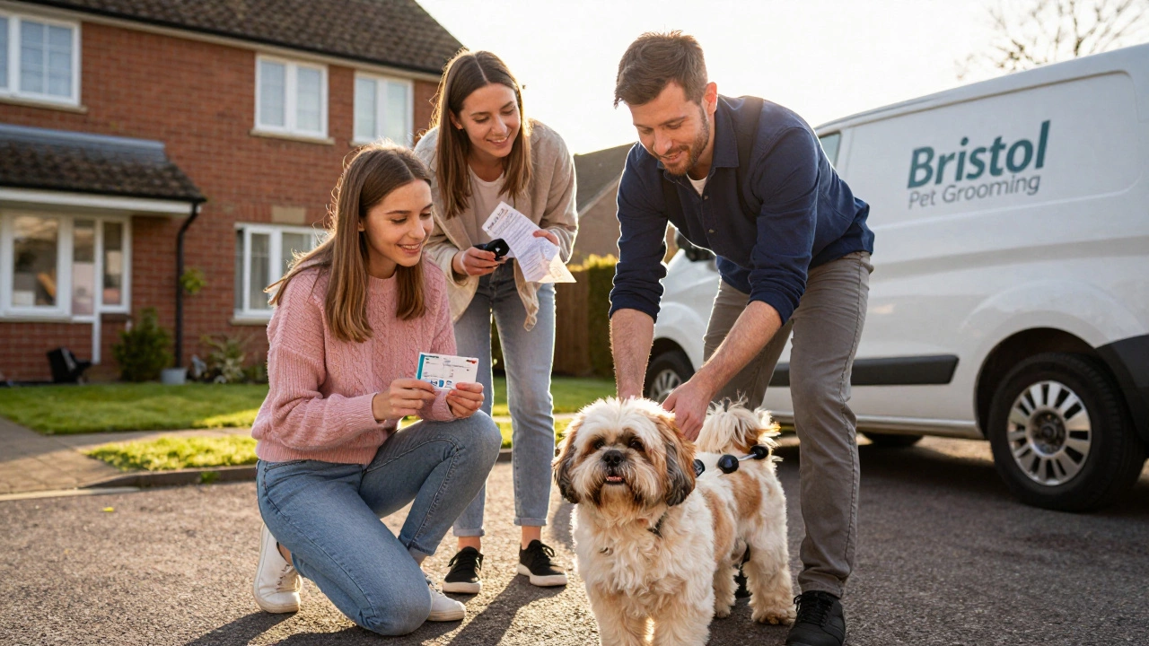 A mobile groomer drying a Shih Tzu in a driveway while owners watch.