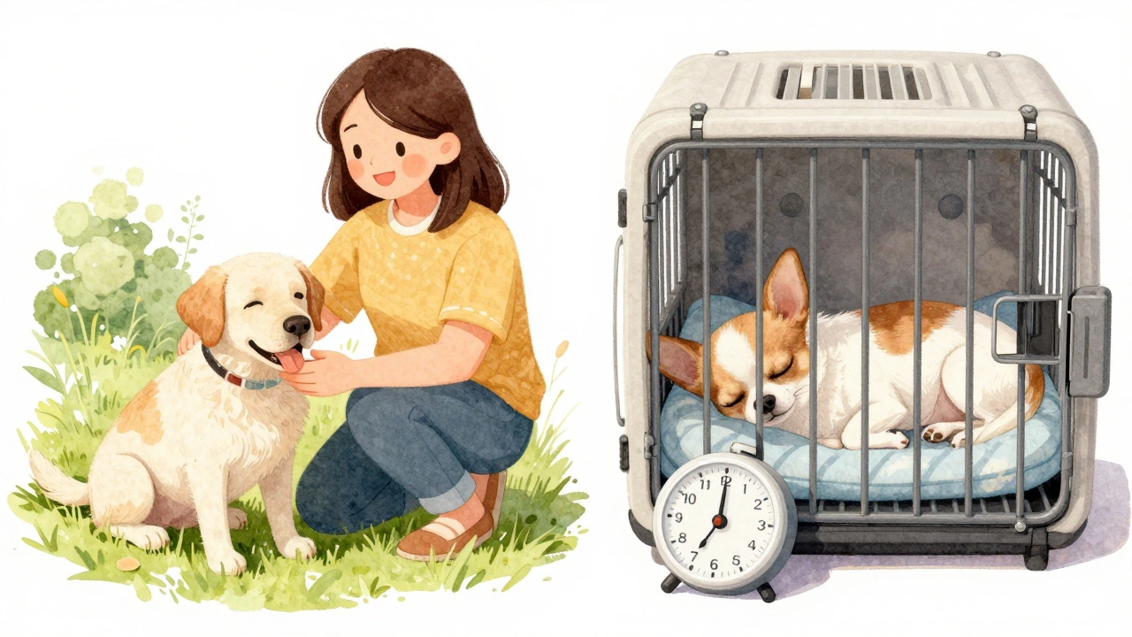 A spayed female dog outside and a neutered puppy in a crate, symbolizing successful potty training through consistency.