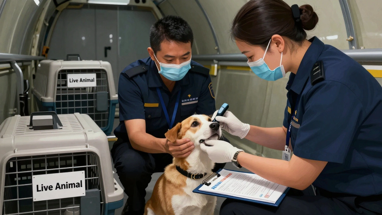 Airport staff inspect a dog for signs of sedation using a health certificate and scanner.