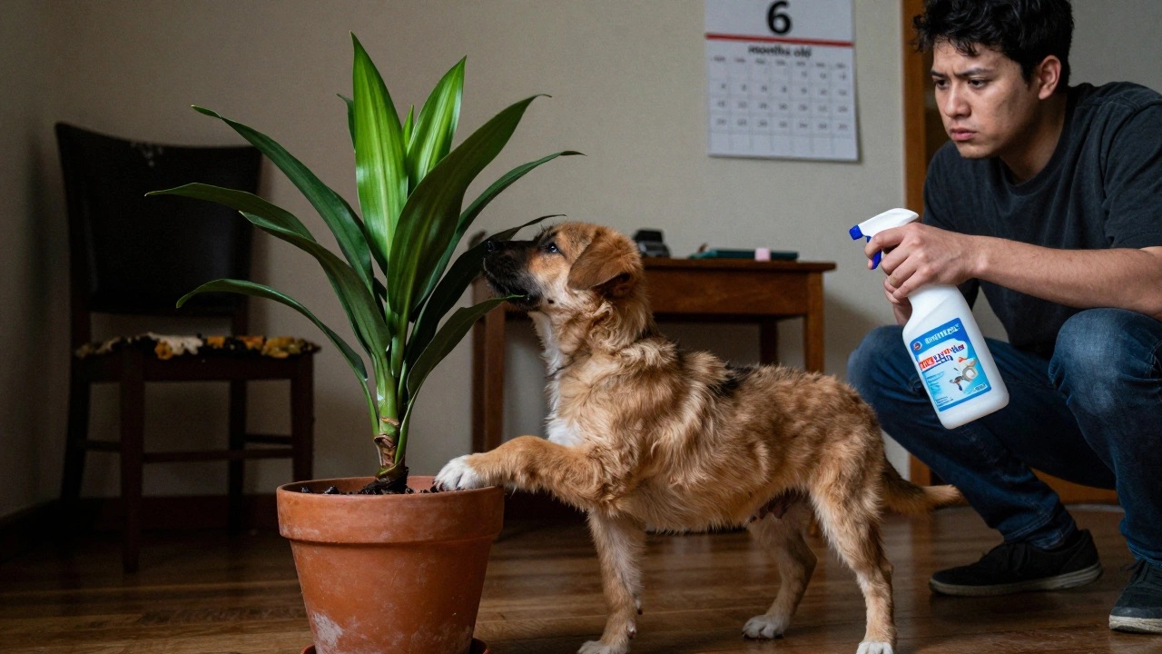 An unneutered male puppy marking a houseplant indoors while an owner prepares to clean.