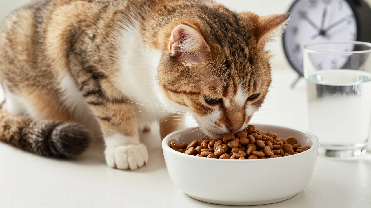 Cat eating moistened dry food in a cozy home, fresh water bowl nearby, natural lighting.