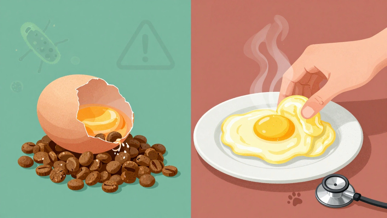 Contrasting image: raw egg with health risks vs. cooked egg as safe alternative.
