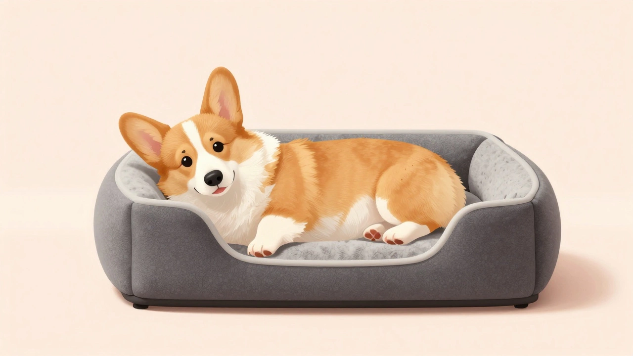 Corgi resting on low-sided memory foam dog bed.