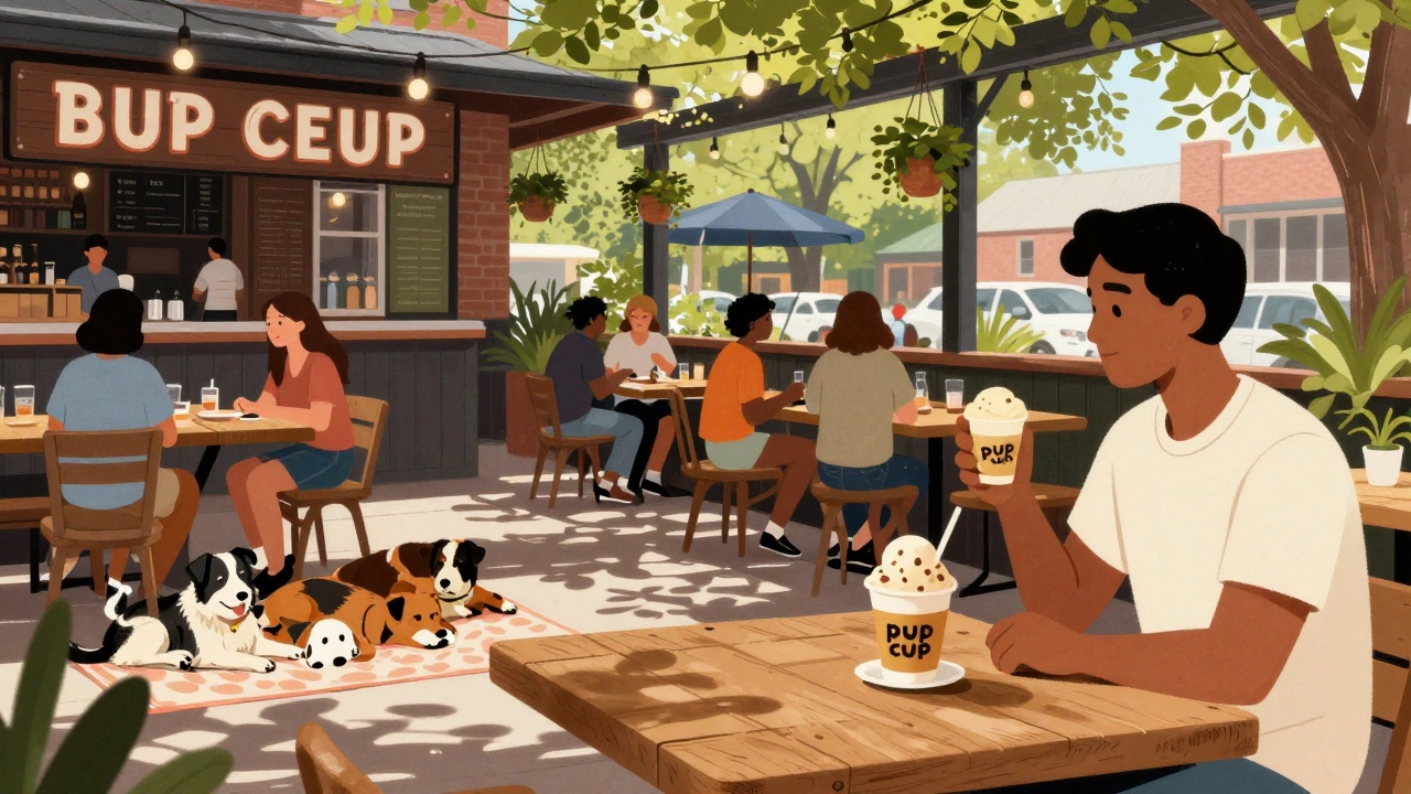 Dog and owner at a pet-friendly brewery patio in Charlottesville with pup cup and other dogs relaxing.