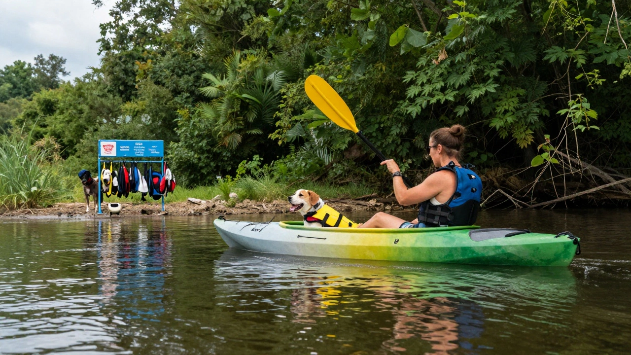 Dog in life jacket kayaking on the James River with forested shoreline and gear rack on shore.