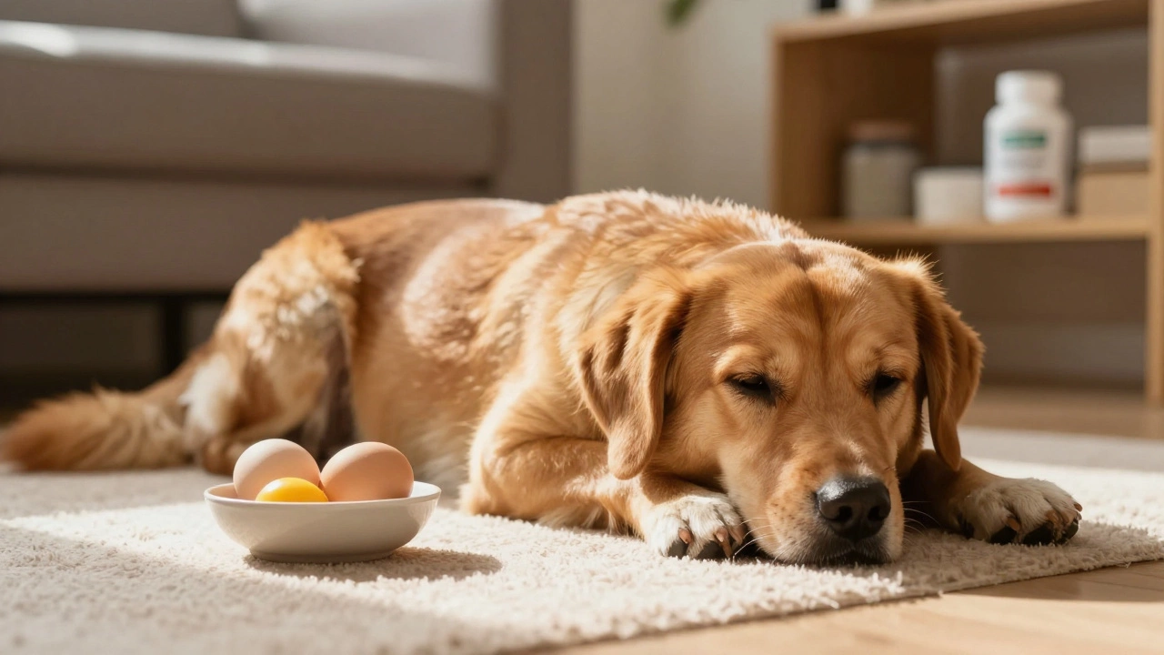 Dog with shiny coat resting after meal, cooked egg bowl nearby, warm home setting.