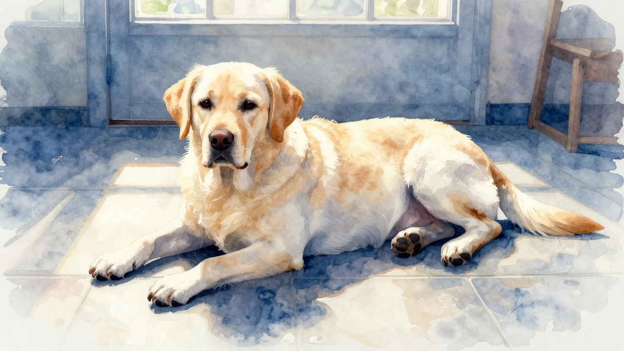 Labrador cooling down by splooting on tile floor.