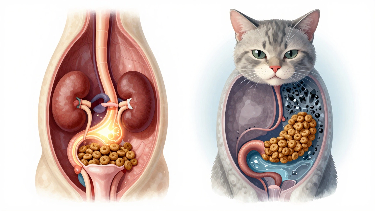 Transparent illustration of a cat's kidneys and urinary tract with healthy fluid flow versus dehydration.