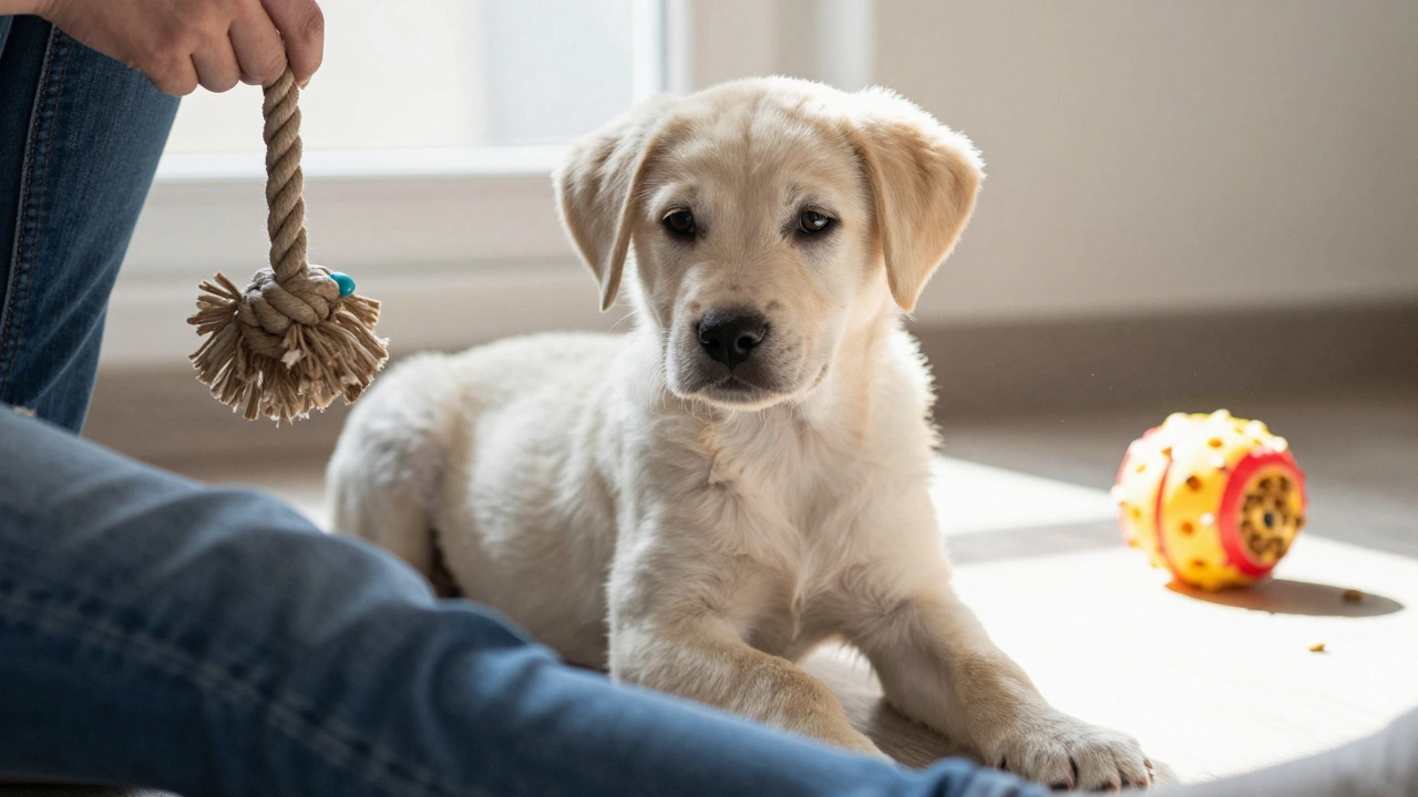 A calm puppy sitting quietly beside a person, focused and relaxed.