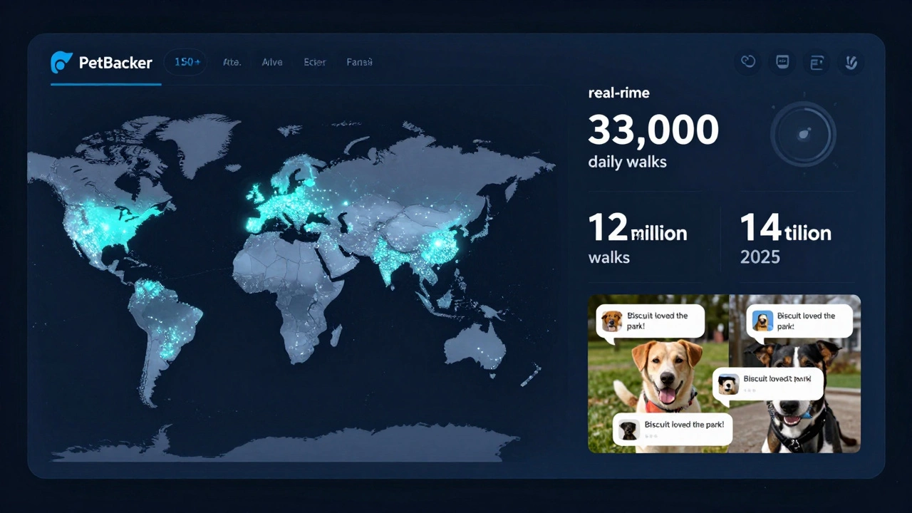 A digital global map and analytics dashboard display real-time dog walking data across 150+ cities worldwide.