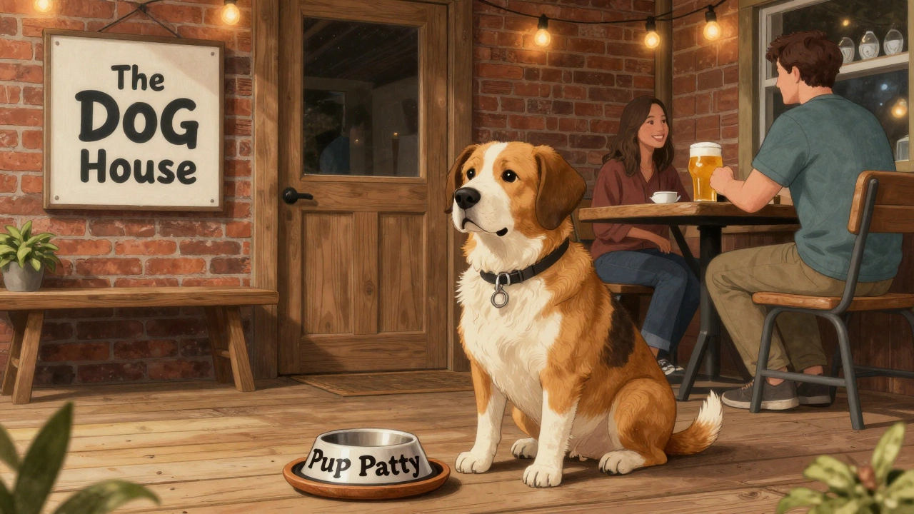 A dog sits calmly on a patio at The Dog House restaurant with a dog treat and a human enjoying beer nearby.