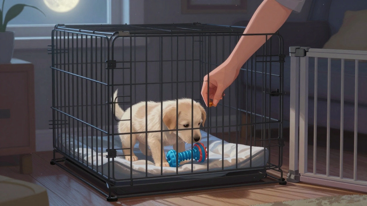 A hand places a treat near a whining puppy in a crate, showing calm training without opening the door.
