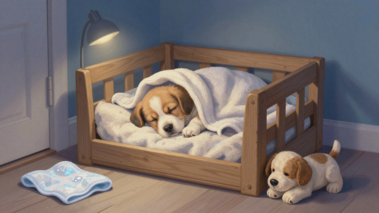 A puppy sleeping peacefully in a cozy, covered crate near a bedroom door.