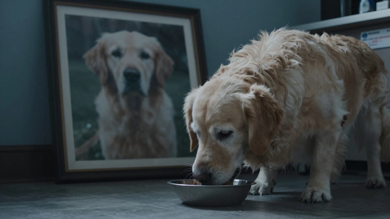 A senior dog eating one meal as a faded photo of their younger self hangs on the wall.
