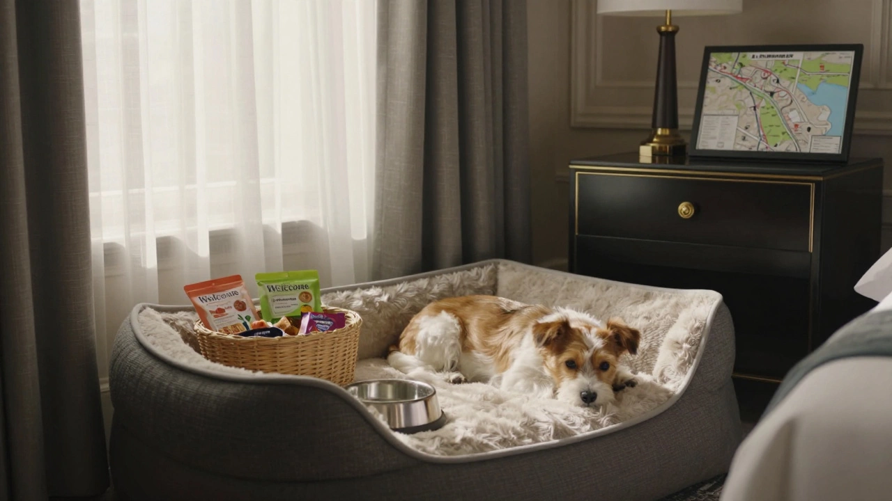 A small dog rests on a cozy bed in a boutique hotel room with a welcome basket of treats beside it.