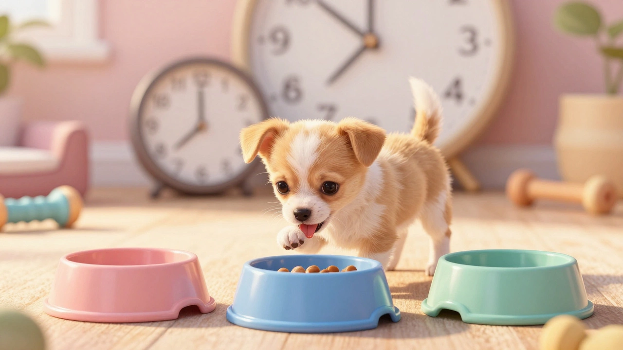 A small puppy eating three meals a day with clocks showing feeding times in the background.