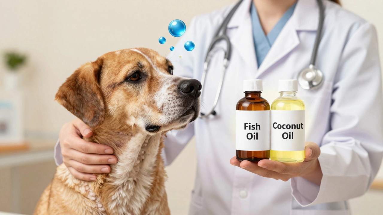 A veterinarian examining a dog with itchy skin, comparing fish oil and coconut oil supplements.