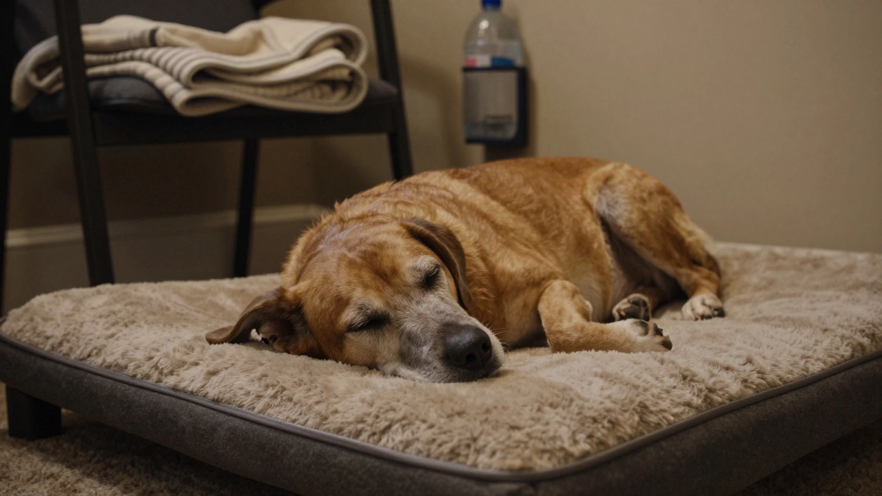 An elderly dog rests comfortably on a floor bed, no crate, in a quiet bedroom at night.