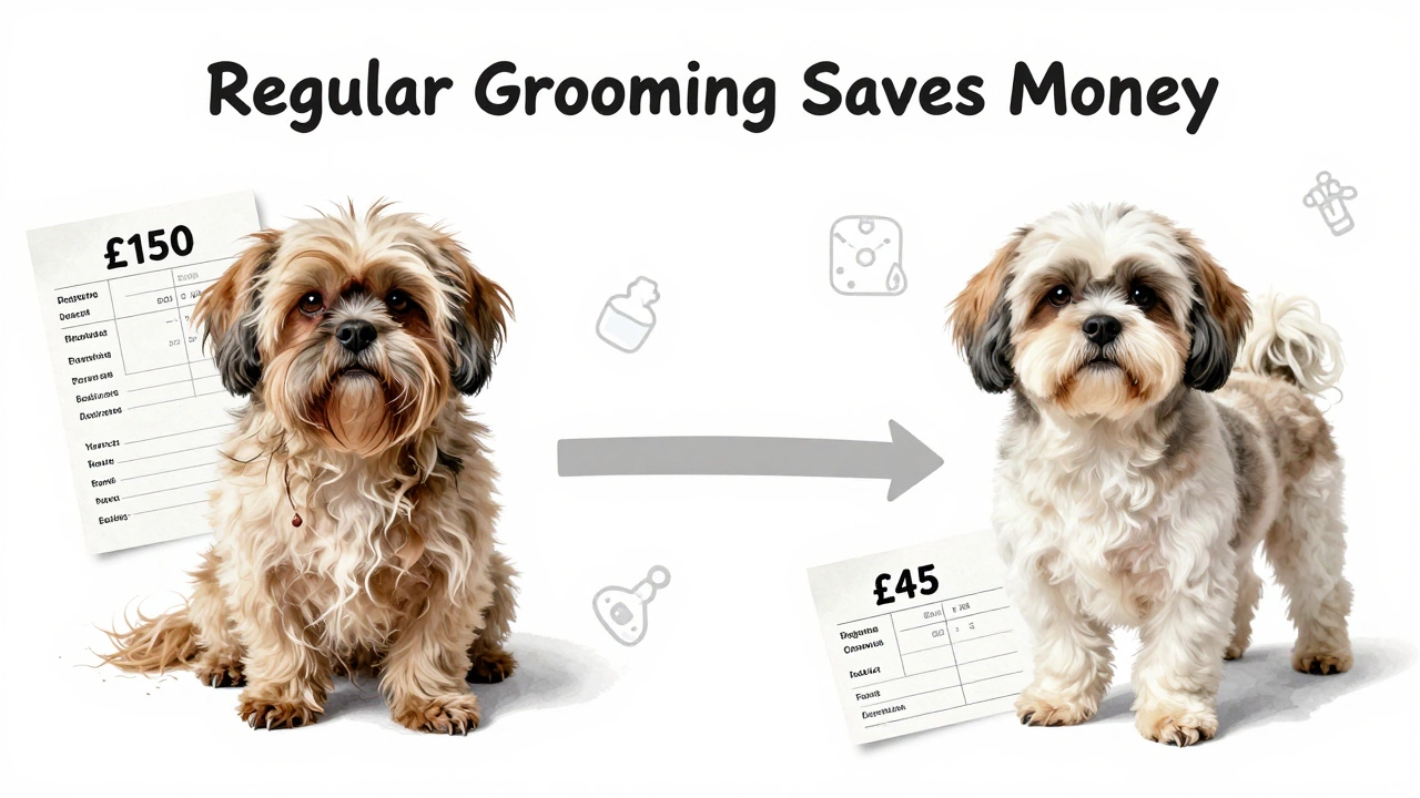 Contrasting images of a neglected dog with vet bill versus a groomed dog with grooming receipt.