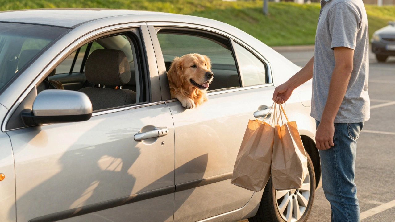 Customer picks up groceries with pet waiting in car.