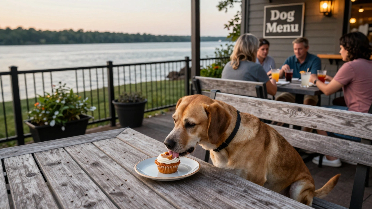 Dog enjoying a peanut butter pupcake at an outdoor restaurant patio with river view.