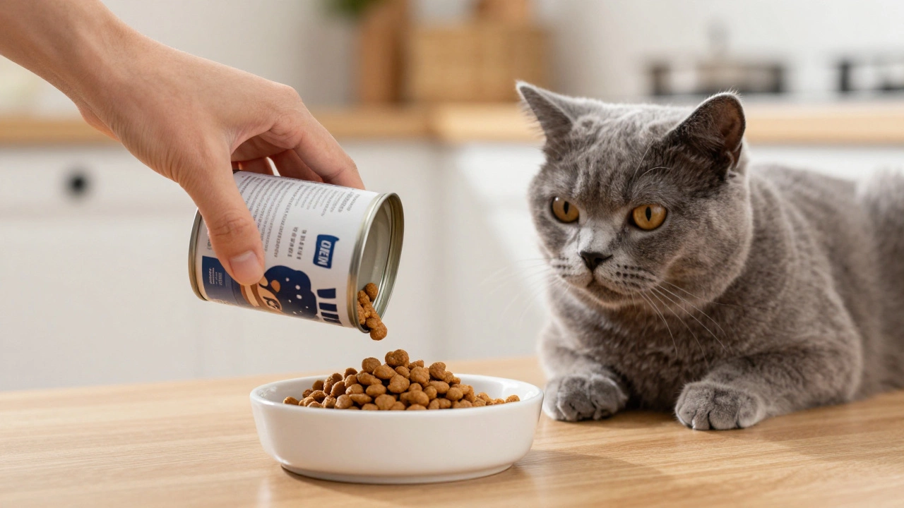 Hand pouring wet food onto dry kibble for a watching cat
