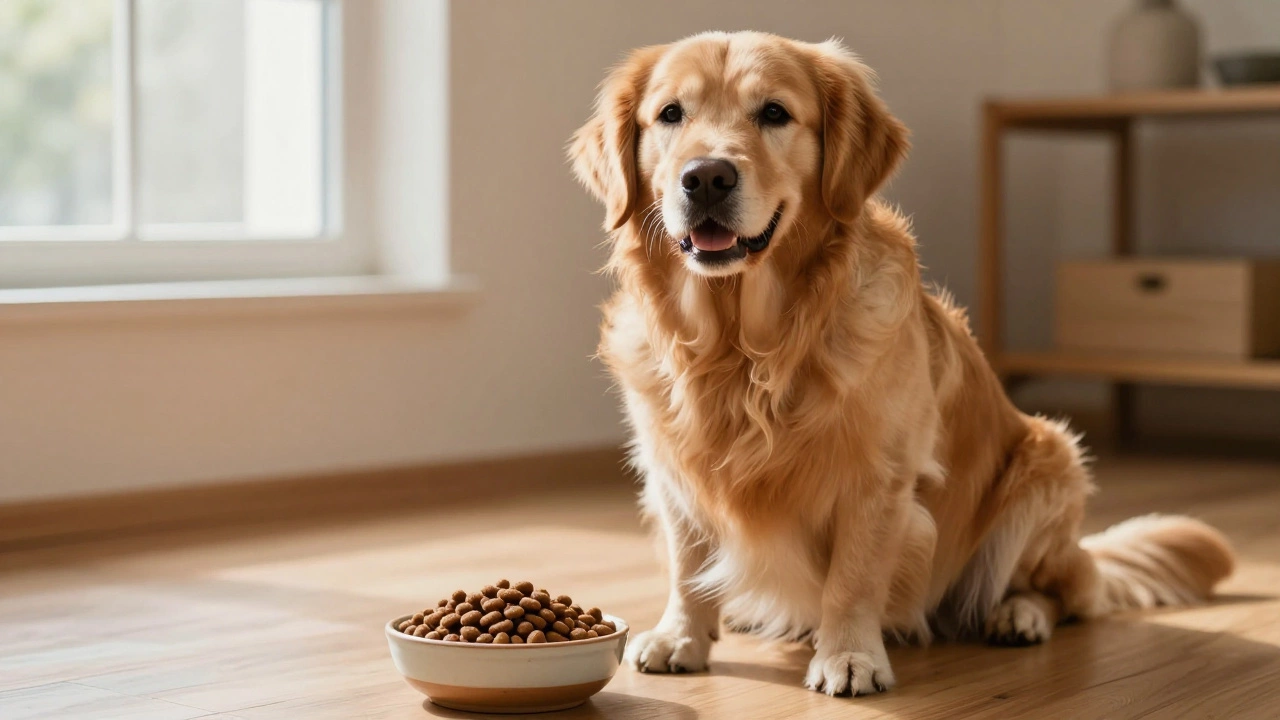 Happy golden retriever eating kibble from a ceramic bowl at home.