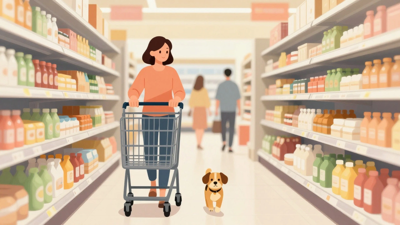 Illustration of service dog walking in retail aisle.
