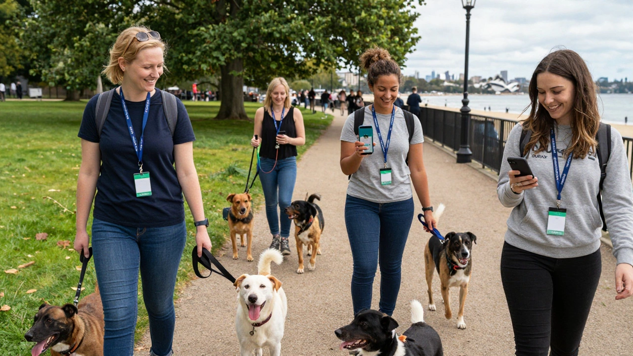 Independent dog walkers in London, Sydney, and Toronto happily walk dogs in their local parks, each using the PetBacker app.