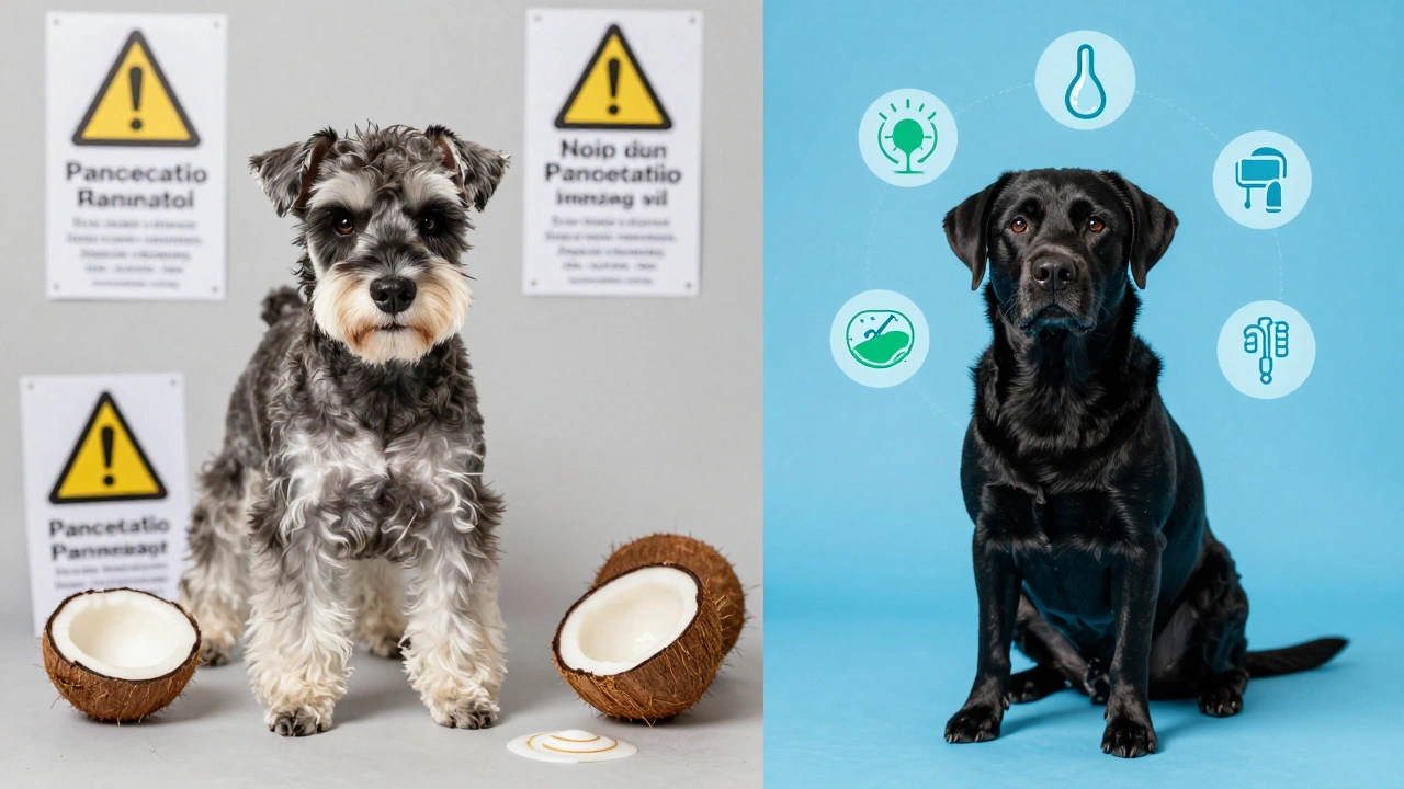 Left: a dog with health issues from too much coconut oil; right: a healthy dog benefiting from fish oil.