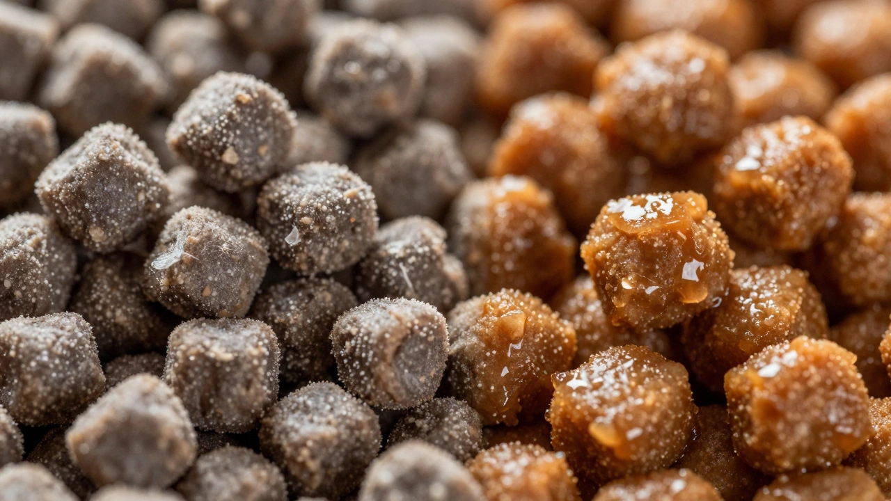 Macro shot comparing dry kibble texture to wet food paste