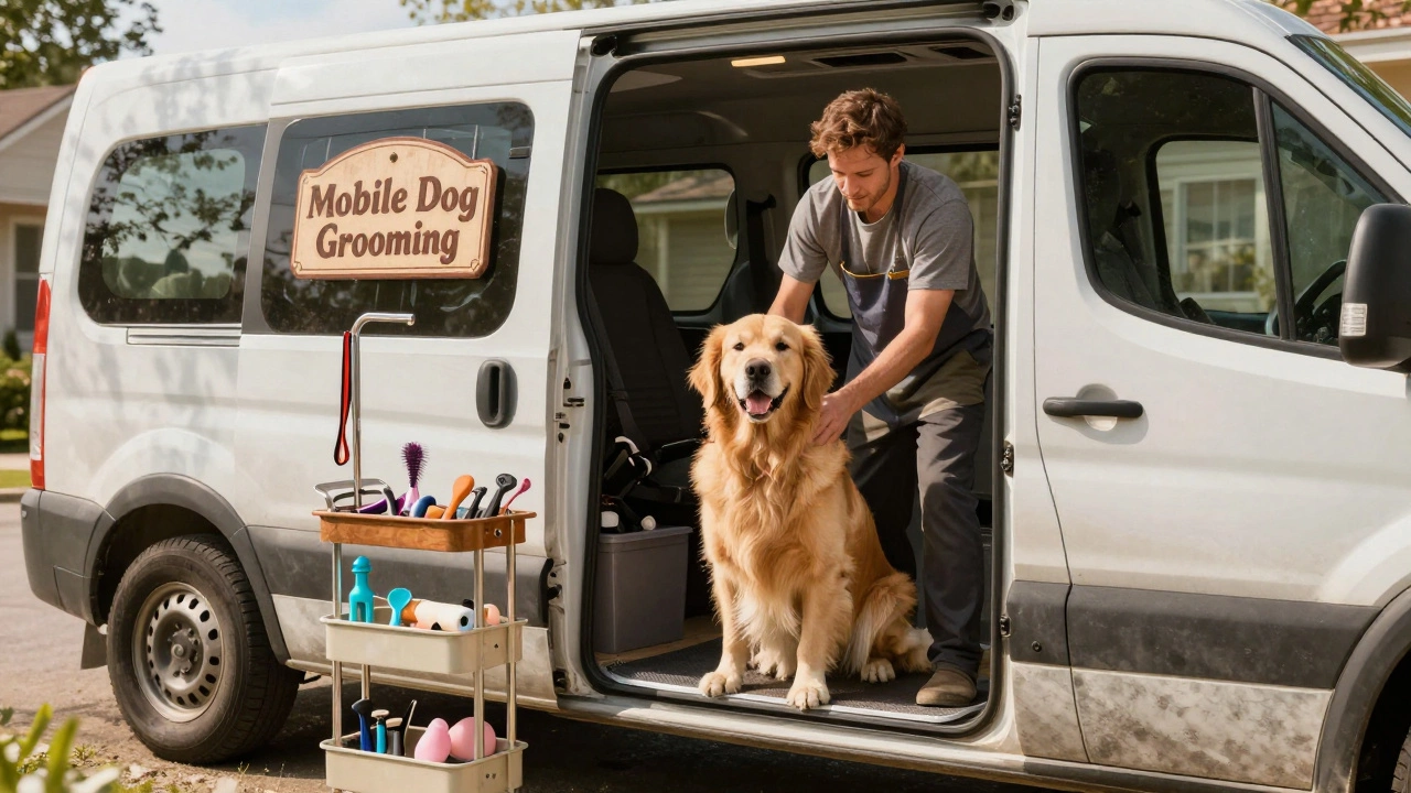 Mobile dog groomer servicing a Golden Retriever in a van parked outside a home with sunlight streaming in.