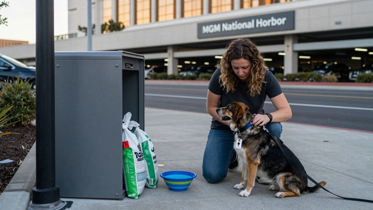 Owner preparing pet supplies at designated relief station near National Harbor parking.