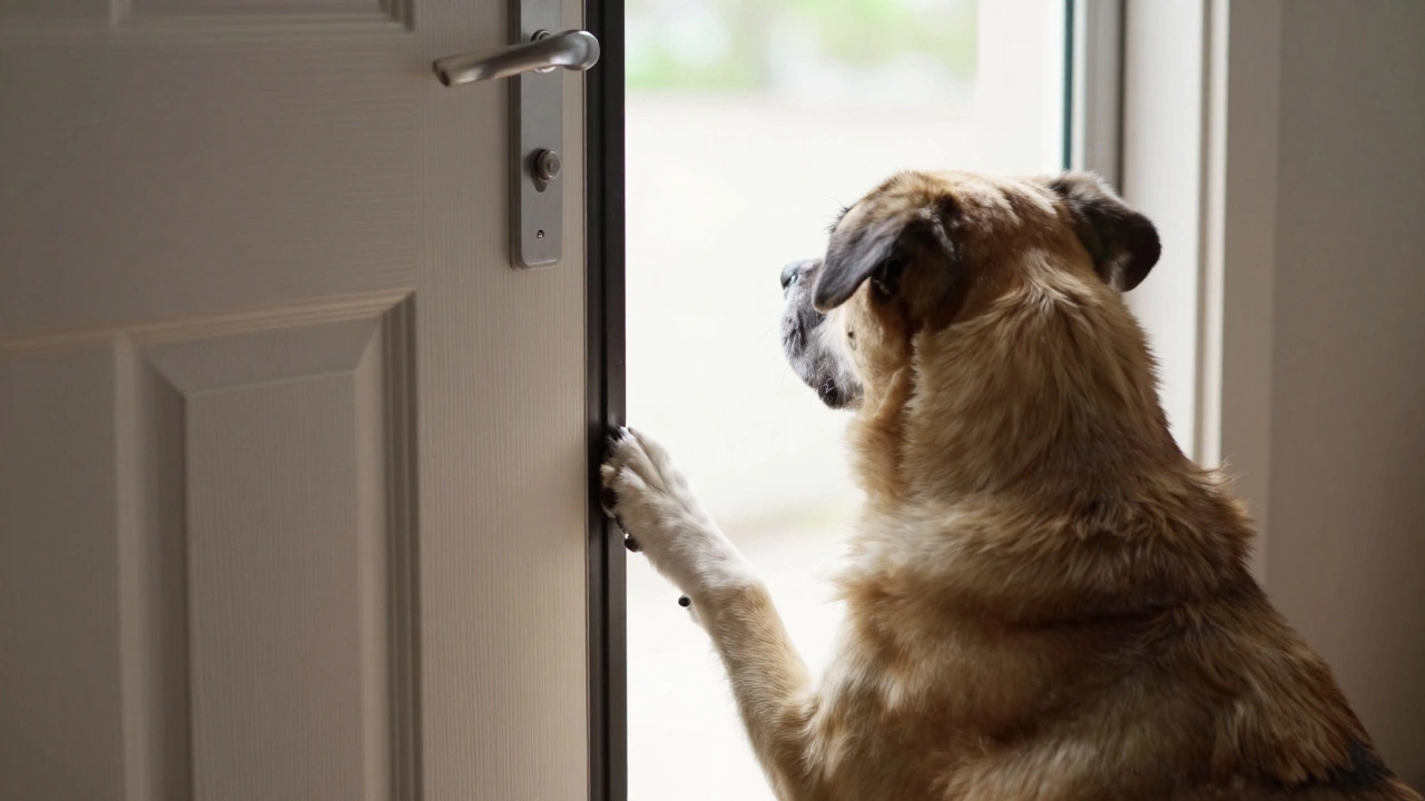 A dog's paw pointing toward a front door to request a walk