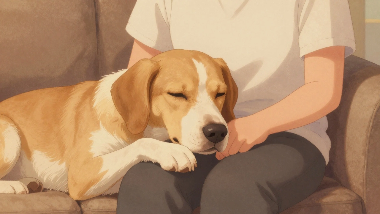 A dog leaning affectionately against a person on a sofa with a relaxed expression