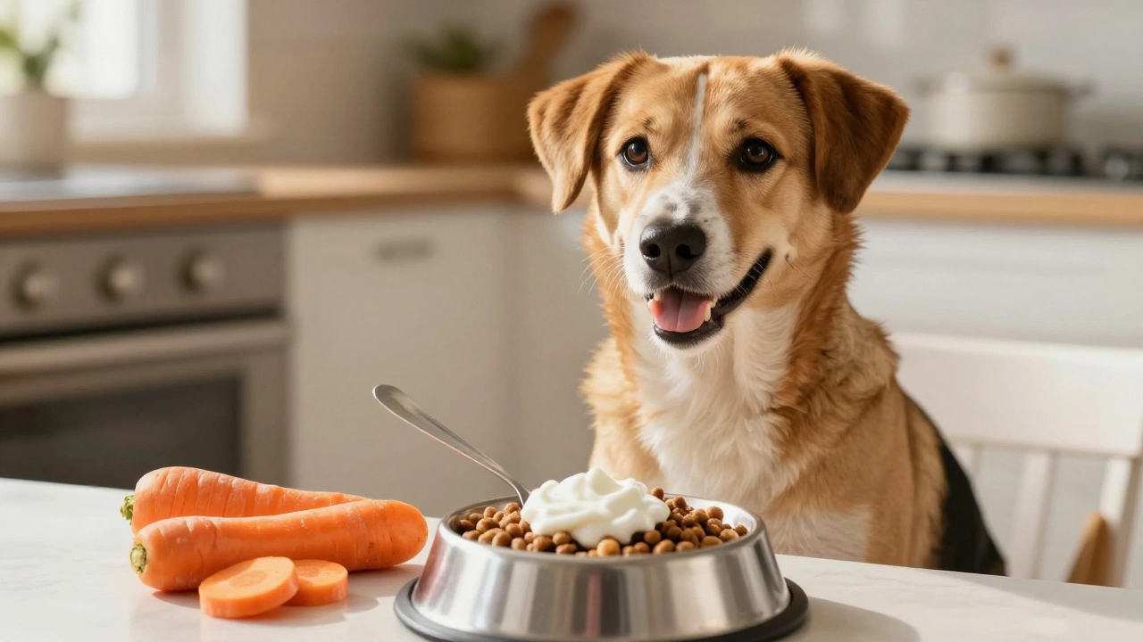 A happy dog next to a food bowl with kibble topped with yogurt and carrots
