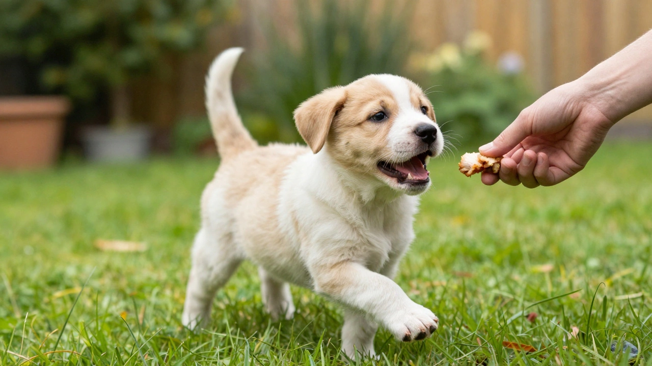 A happy puppy receiving a treat in a green garden after successful potty training