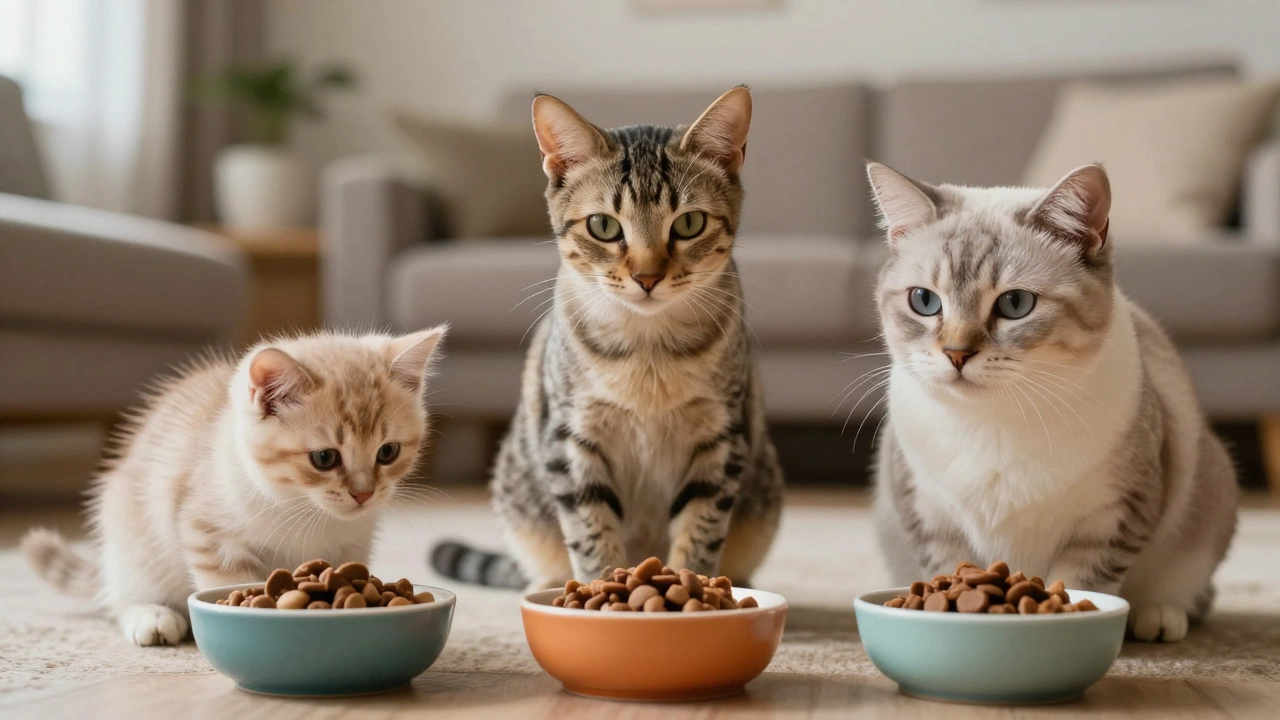 A kitten, an adult cat, and a senior cat with their respective food bowls
