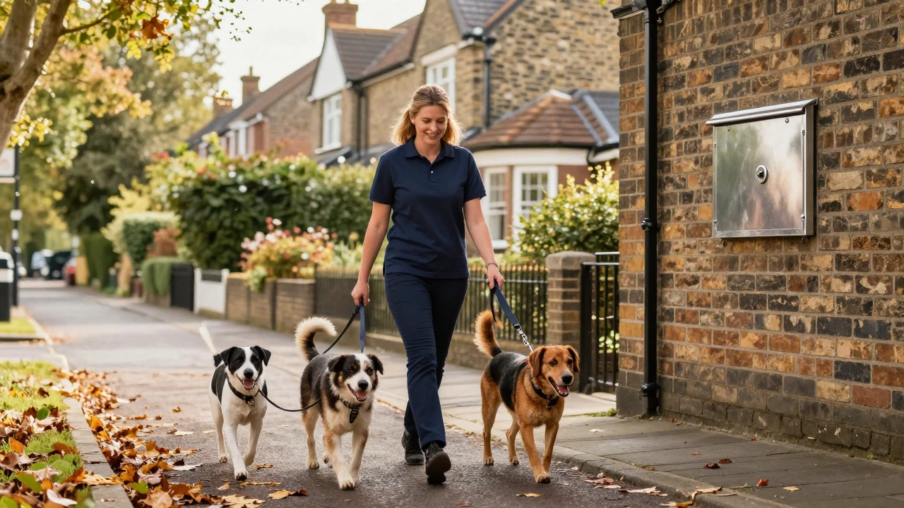 A professional dog walker with several dogs in a UK suburb with a lockbox on the house wall