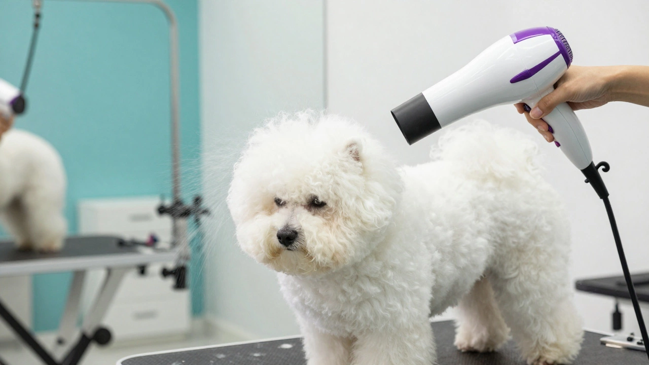 A professional high-velocity dryer fluffing out a dog's coat in a grooming salon.