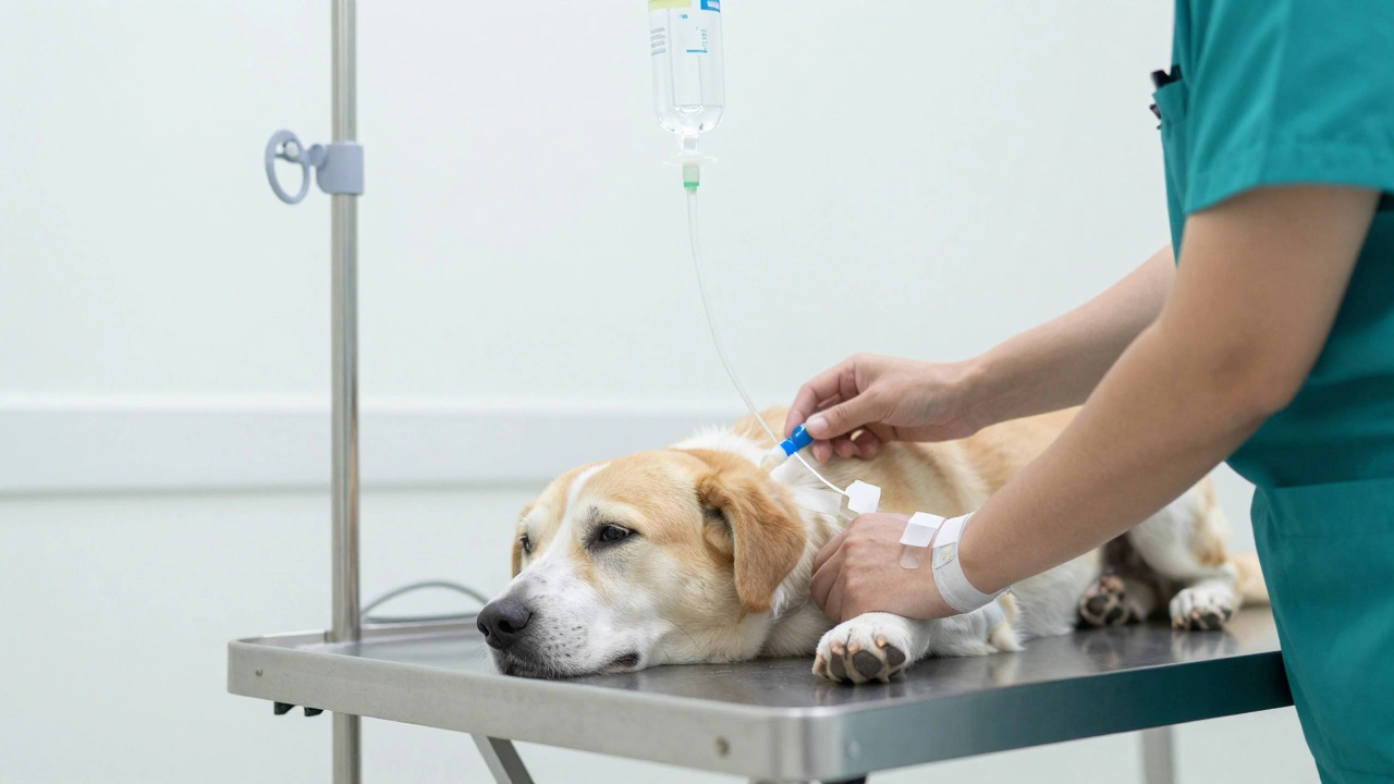 A veterinarian administering IV fluids to a dog in a clinic