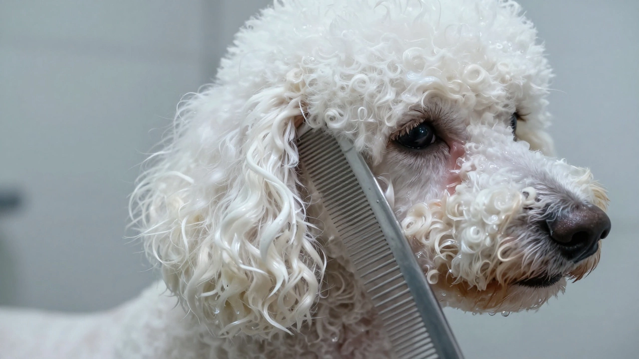 A wide-tooth comb detangling the damp, conditioned curls of a white Poodle.