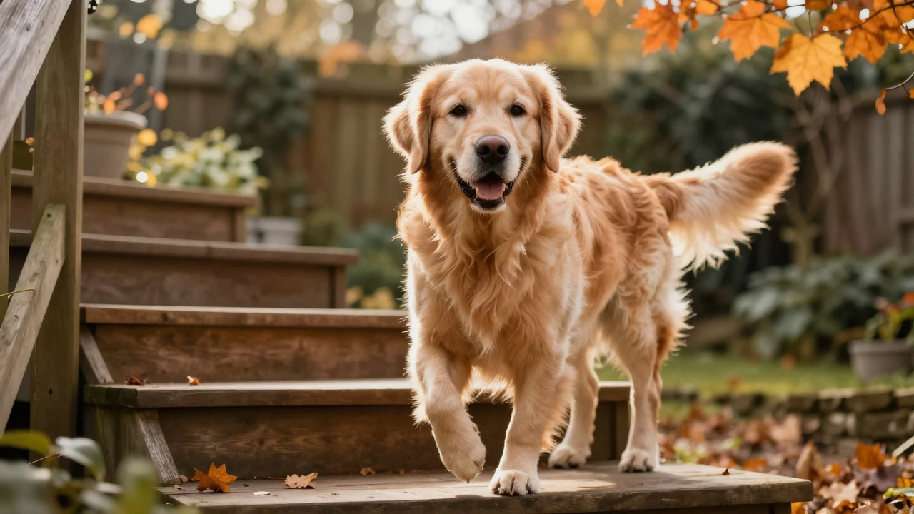 An elderly Golden Retriever walking up outdoor stairs in a sunny garden