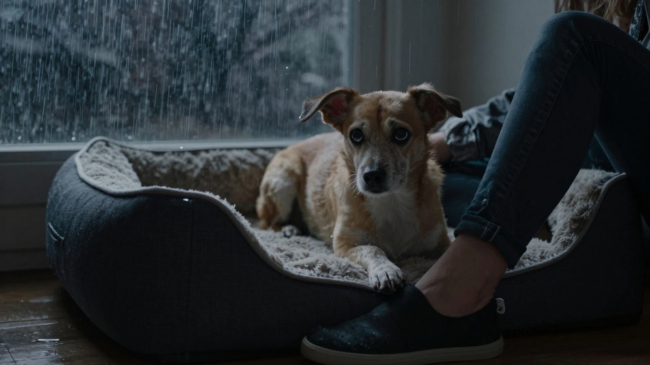 Anxious dog pressing its paw against its owner's leg for comfort