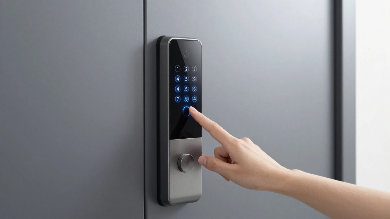 Close-up of a finger entering a code into a modern digital smart lock on a door