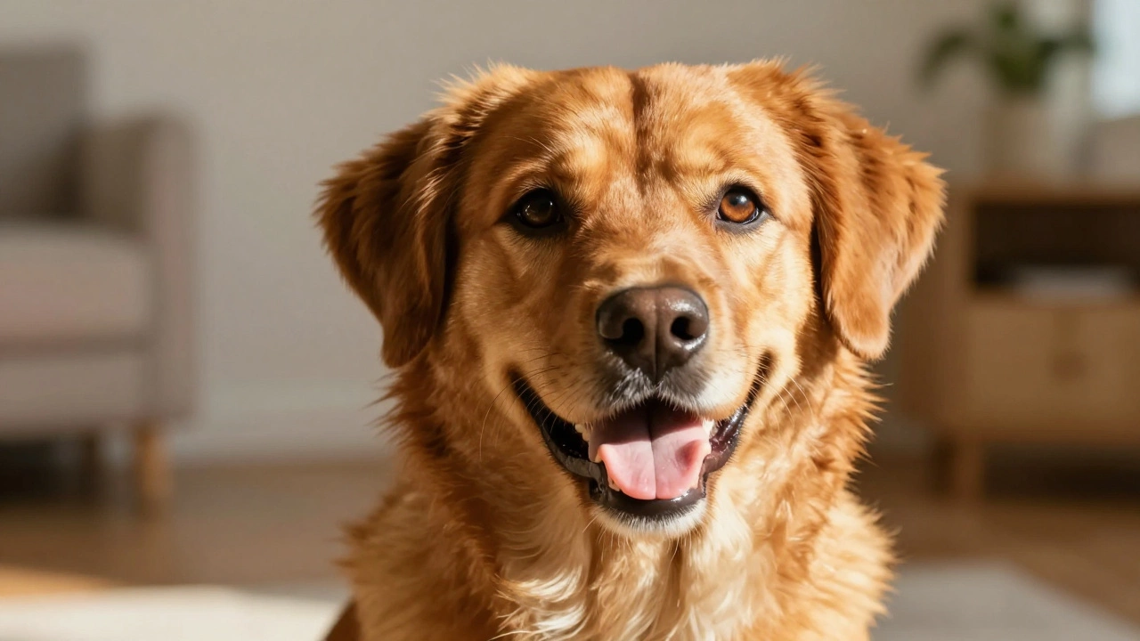 Close-up of a healthy dog with a shiny, glossy coat in soft natural light.
